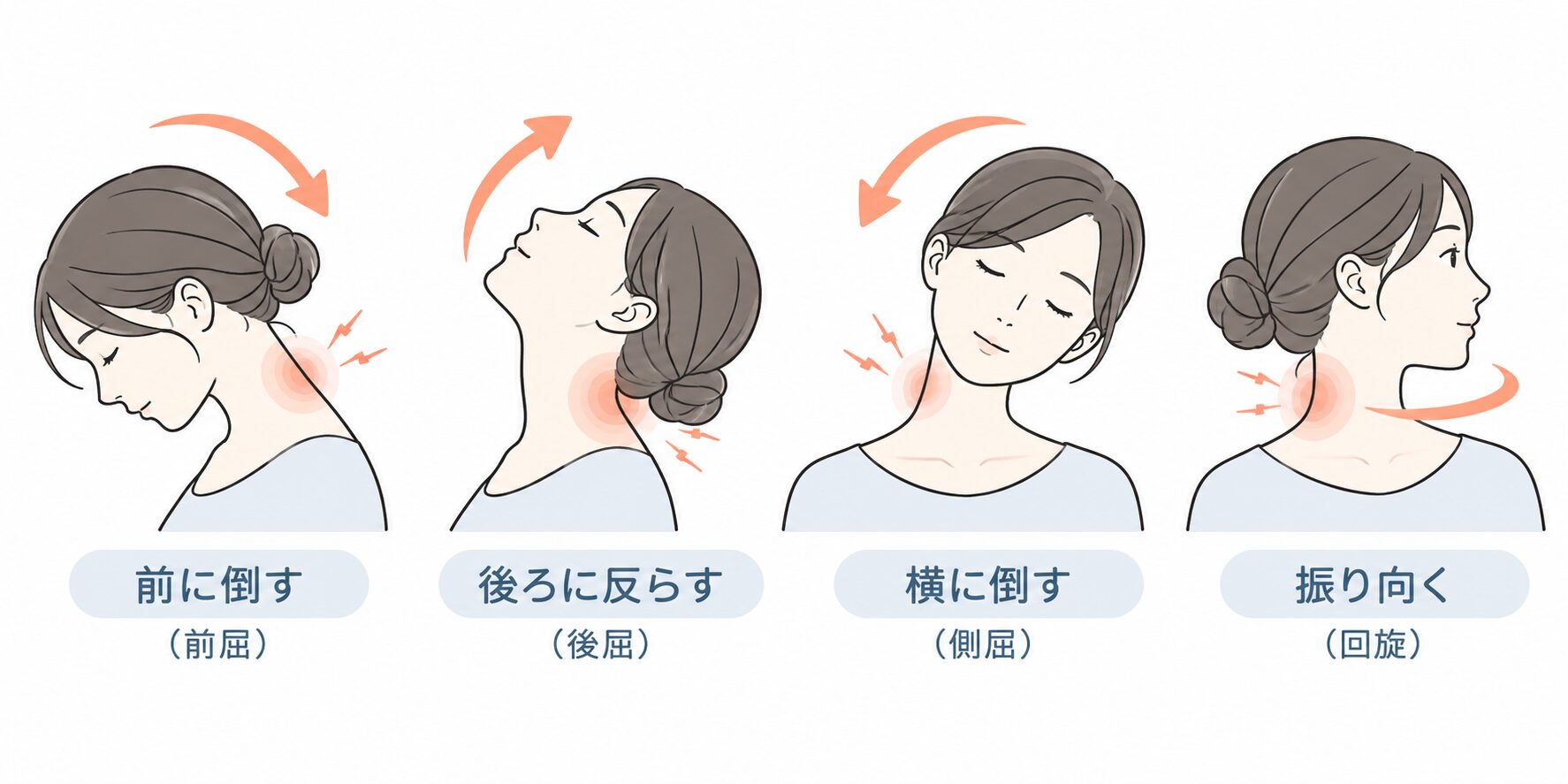 首を前後左右に動かしたり振り向いたりする4方向の動作を示したイラスト